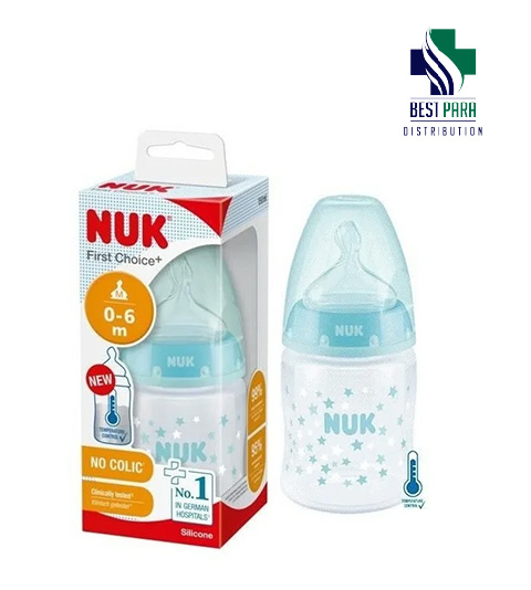 NUK biberon en verre First Choice+, 0 - 6 mois, Contrôle de température, Tétine en silicone, Valve anti-coliques, Sans BPA, 240 ml